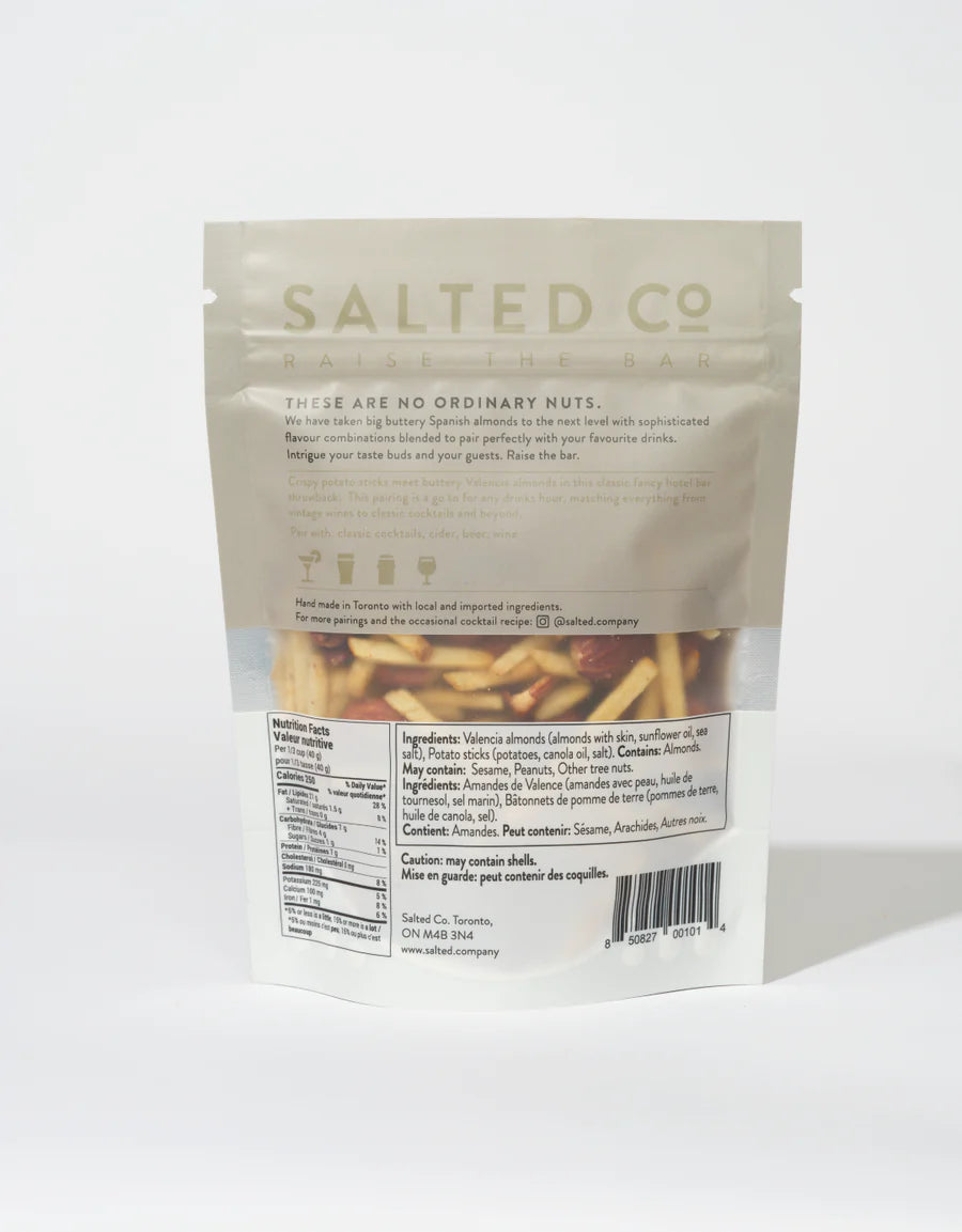 Salted Co. Fancy Cocktail Nuts | Valencia Almonds, Potato Sticks, Sea Salt (115g)