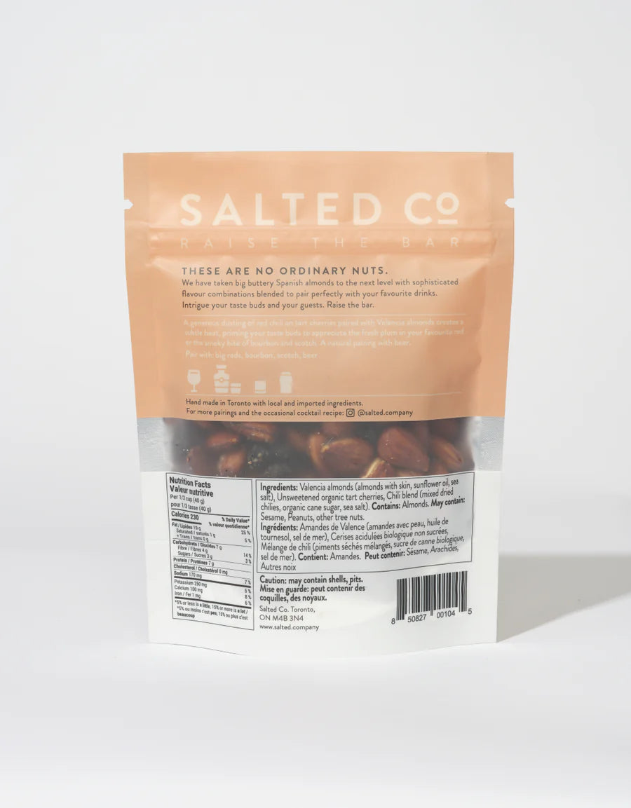 Salted Co. Fancy Cocktail Nuts | Valencia Almonds, Organic Tart Cherry, Spicy Chili (135g)